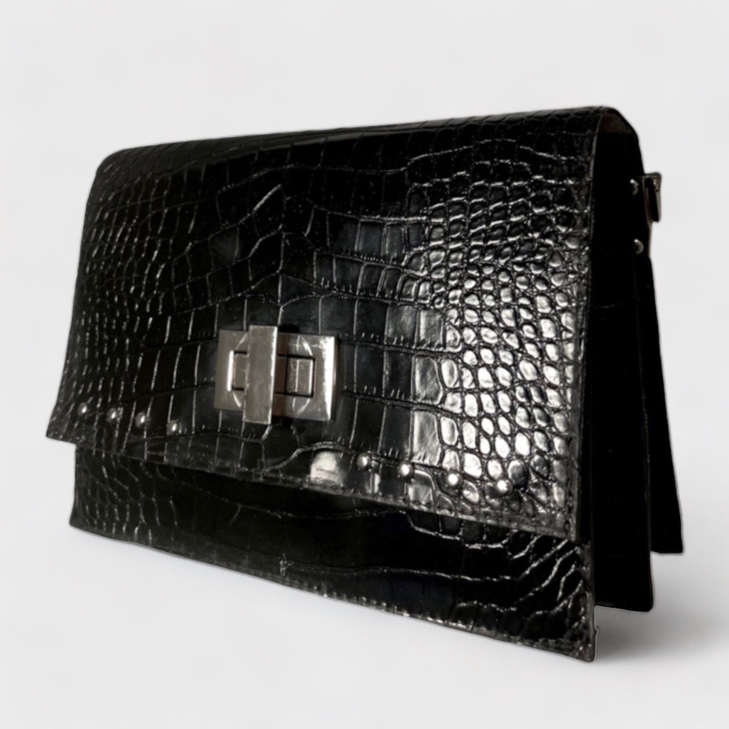 Black Studded Crocodile Purse