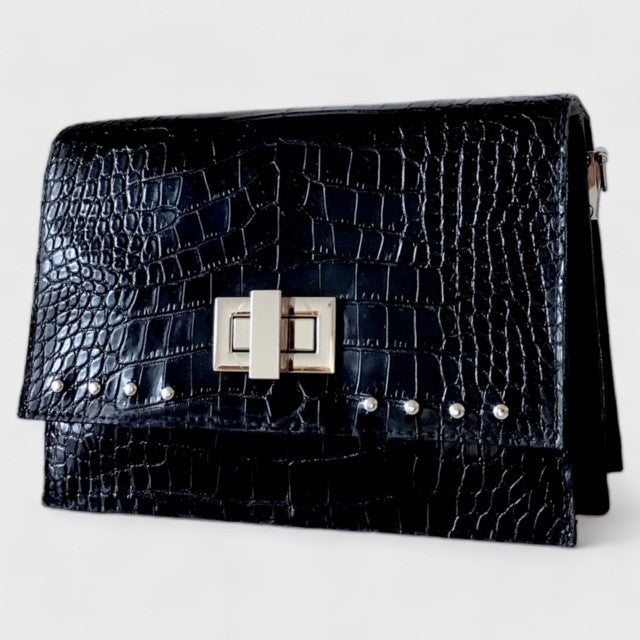 Black Studded Crocodile Purse