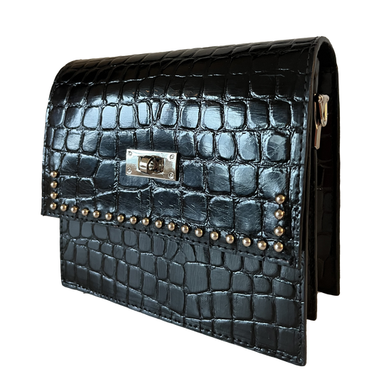 Black Studded Crocodile Purse